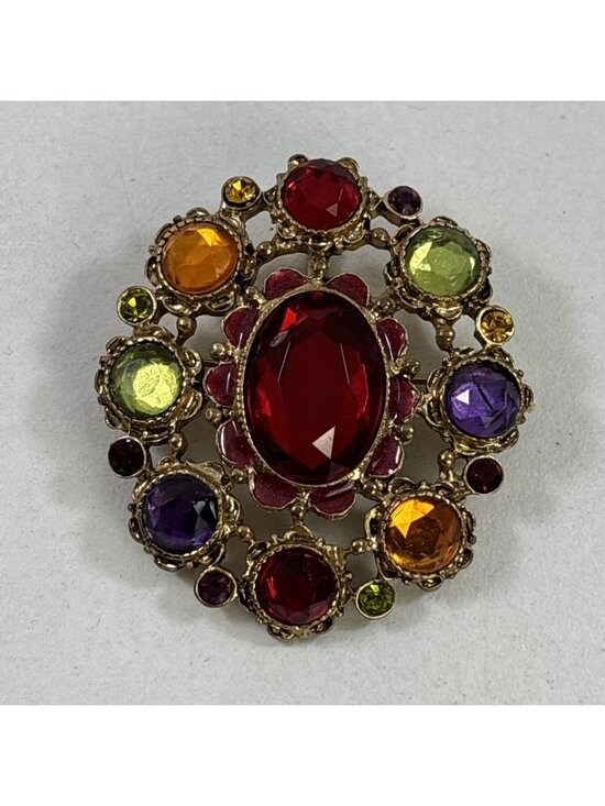 Unknown Jewelry - Vintage Brooch with Multicolor Acrylic Stones - One Size - Gold Tone